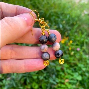 Larvichite and pink zebra jasper earrings